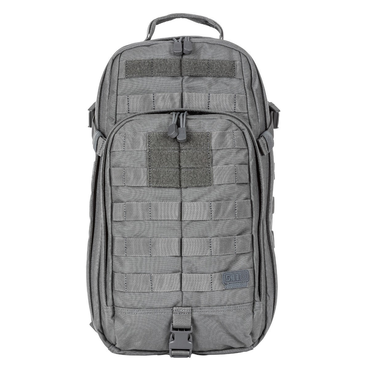 a grey backpack with a small patch on the front