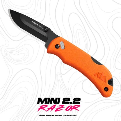 Navaja Tactica Mini Razor 2.2 con mango naranja y hoja negra de acero japonés, ideal para camping y supervivencia. Diseño compacto y ergonómico.