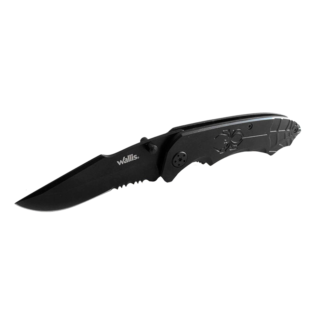 Navaja de bloqueo con mango metal negro con clip, hoja lisa-sierra
