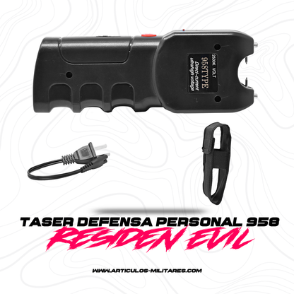 Taser defensa personal 958 con linterna táctica recargable de polímero ligero, incluye funda y cargador. Ideal para protección discreta.