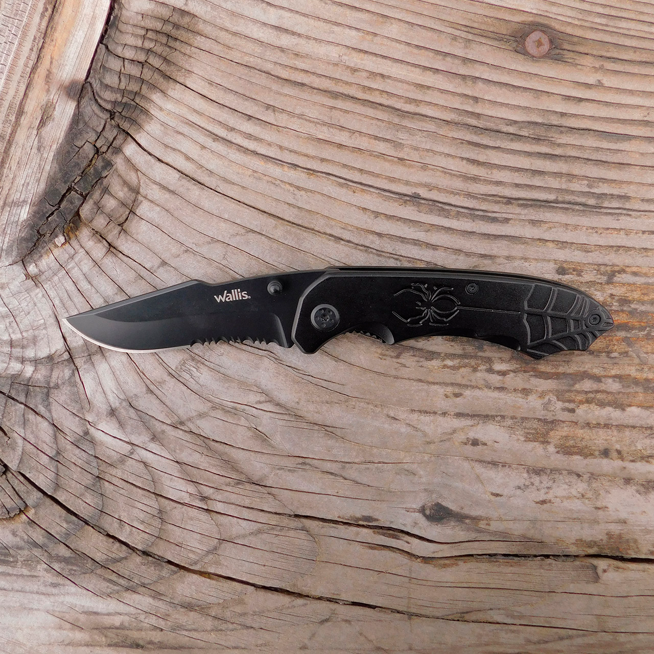 Navaja de bloqueo con mango metal negro con clip, hoja lisa-sierra
