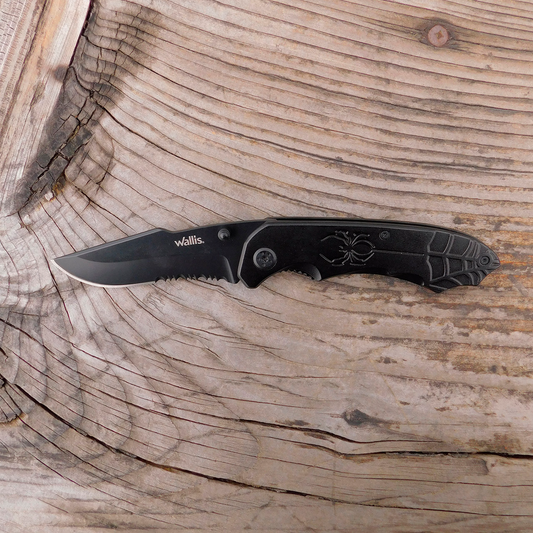 Navaja de bloqueo con mango metal negro con clip, hoja lisa-sierra