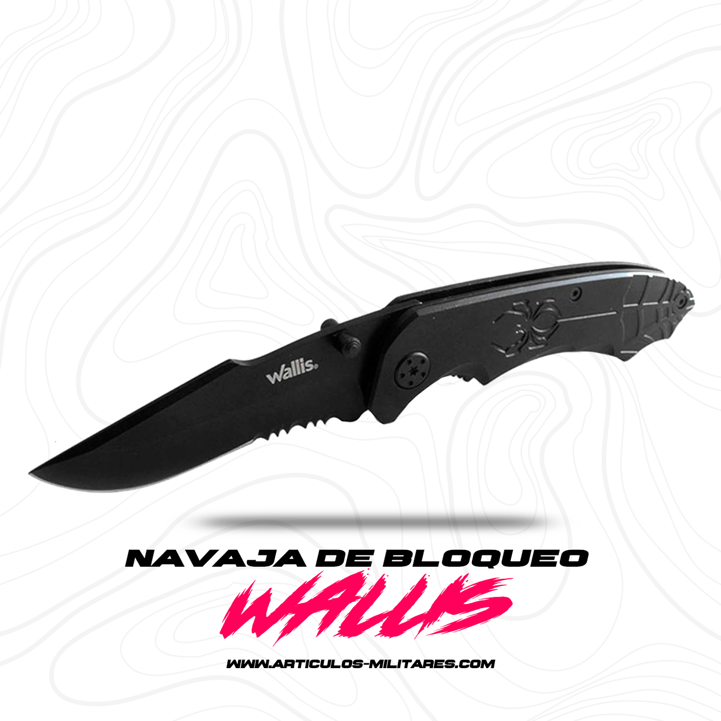 Navaja de bloqueo con mango metal negro con clip, hoja lisa-sierra