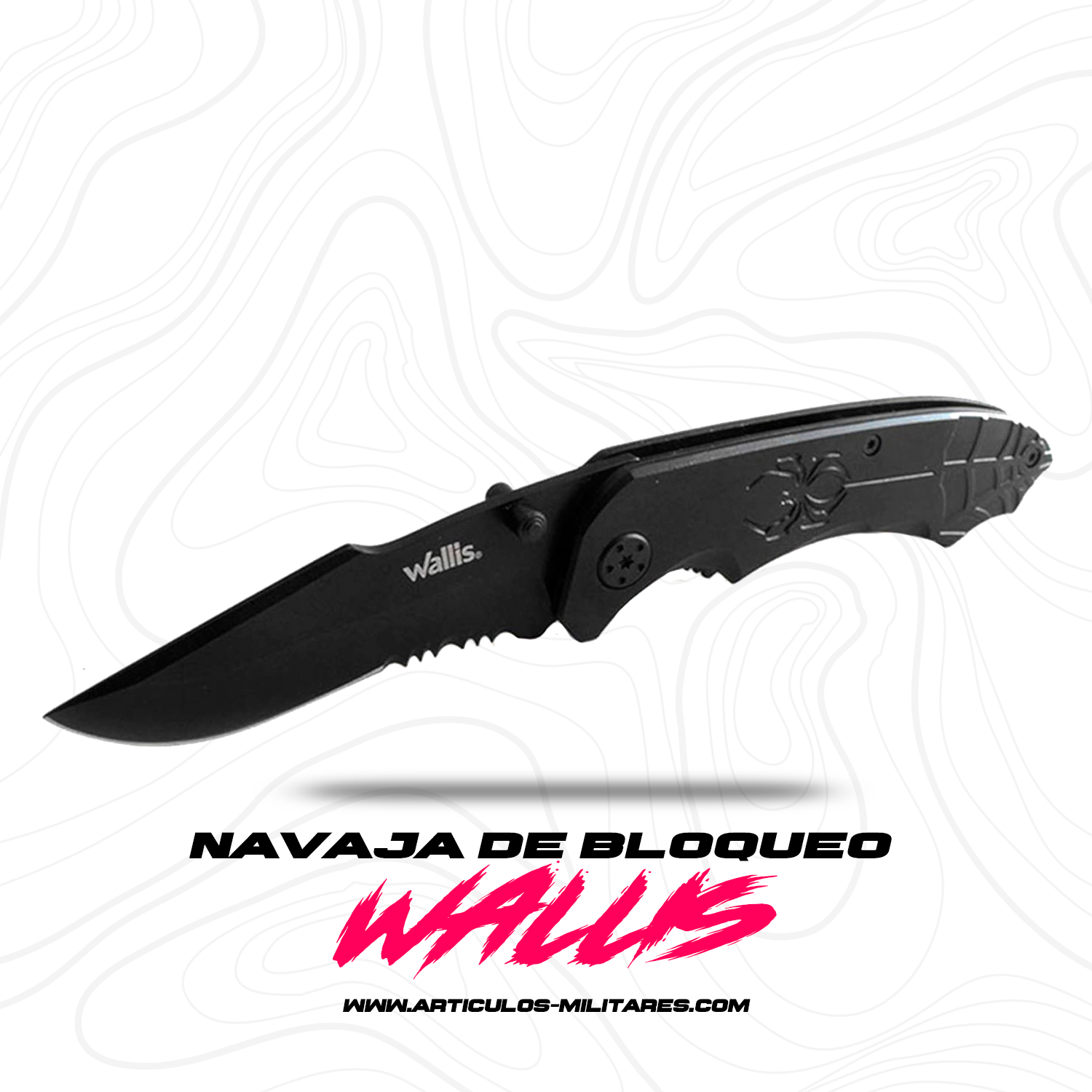 Navaja de bloqueo con mango metal negro con clip, hoja lisa-sierra