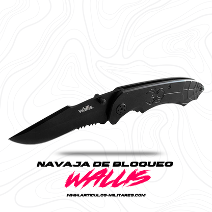 Navaja de bloqueo con mango metal negro con clip, hoja lisa-sierra