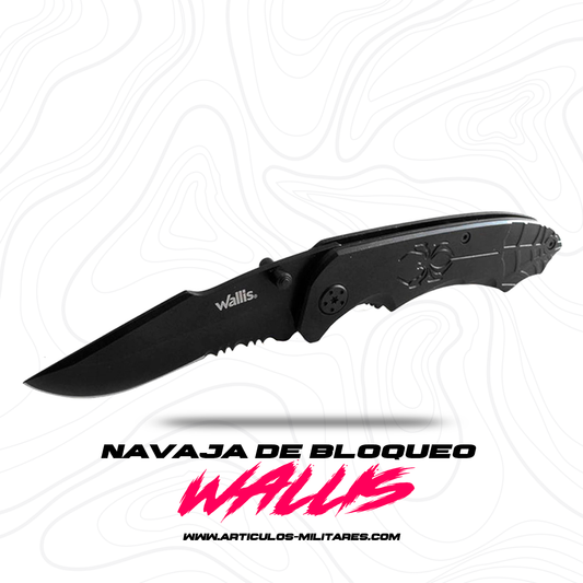 Navaja de bloqueo con mango metal negro con clip, hoja lisa-sierra