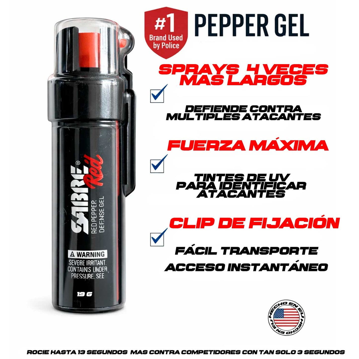 Gas pimienta Gel Sabre 19g con clip, muestra beneficios como alcance extendido, fuerza máxima y tinte UV para identificar atacantes.
