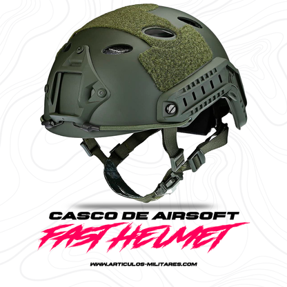 Casco Táctito Fast de Polímero Ligero Porta Accesorios en color verde militar con rieles laterales para Airsoft. Ideal para equipamiento táctico.