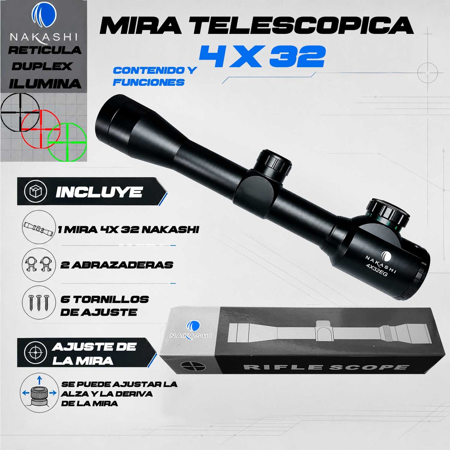 Mira Telescópica 4x32eg Retícula Iluminada Verde Rojo Nakashi Residen Evil Militaría