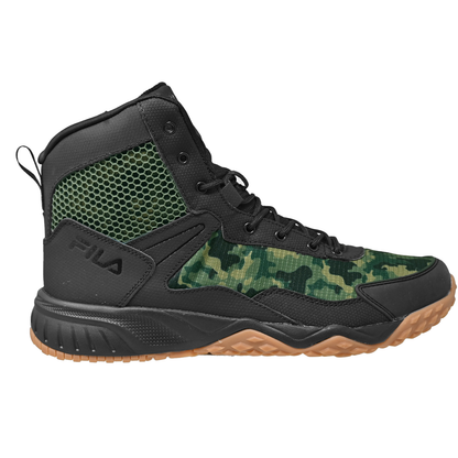 Vista lateral de las Botas Tácticas Fila Chastizer Negra Camu Cierre Original, con paneles de malla verde y suela de goma resistente para exteriores.