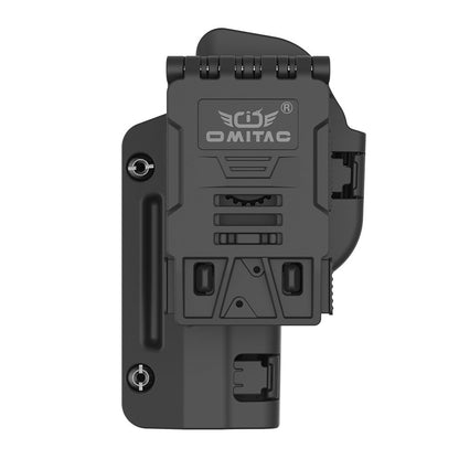Parte trasera de la funda Omitac para Glock con clip giratorio 360° y sistema de ajuste rápido para cinturón, ideal para uso táctico.