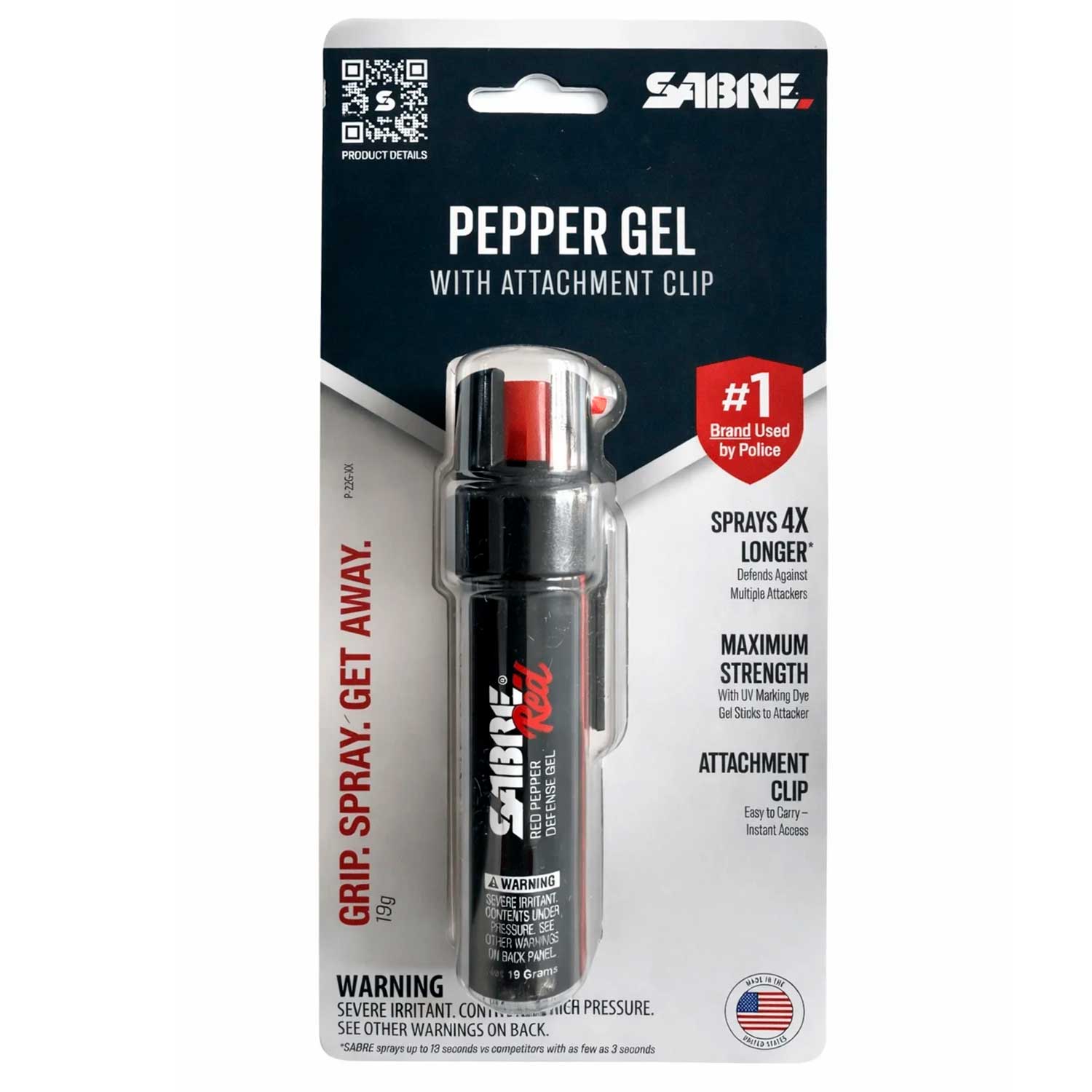 Gas pimienta Gel Sabre 19g en empaque sellado con clip de fijación, ideal para defensa personal con alcance 4 veces mayor.