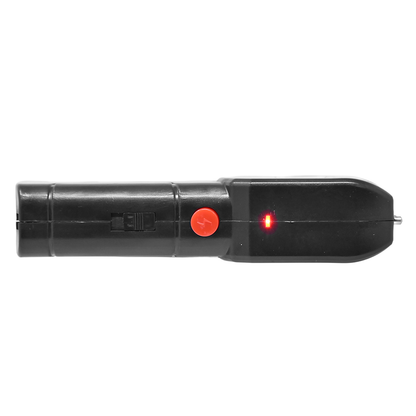 Vista superior del taser 958 con botón de encendido y luz LED activada, linterna táctica recargable para defensa personal efectiva.