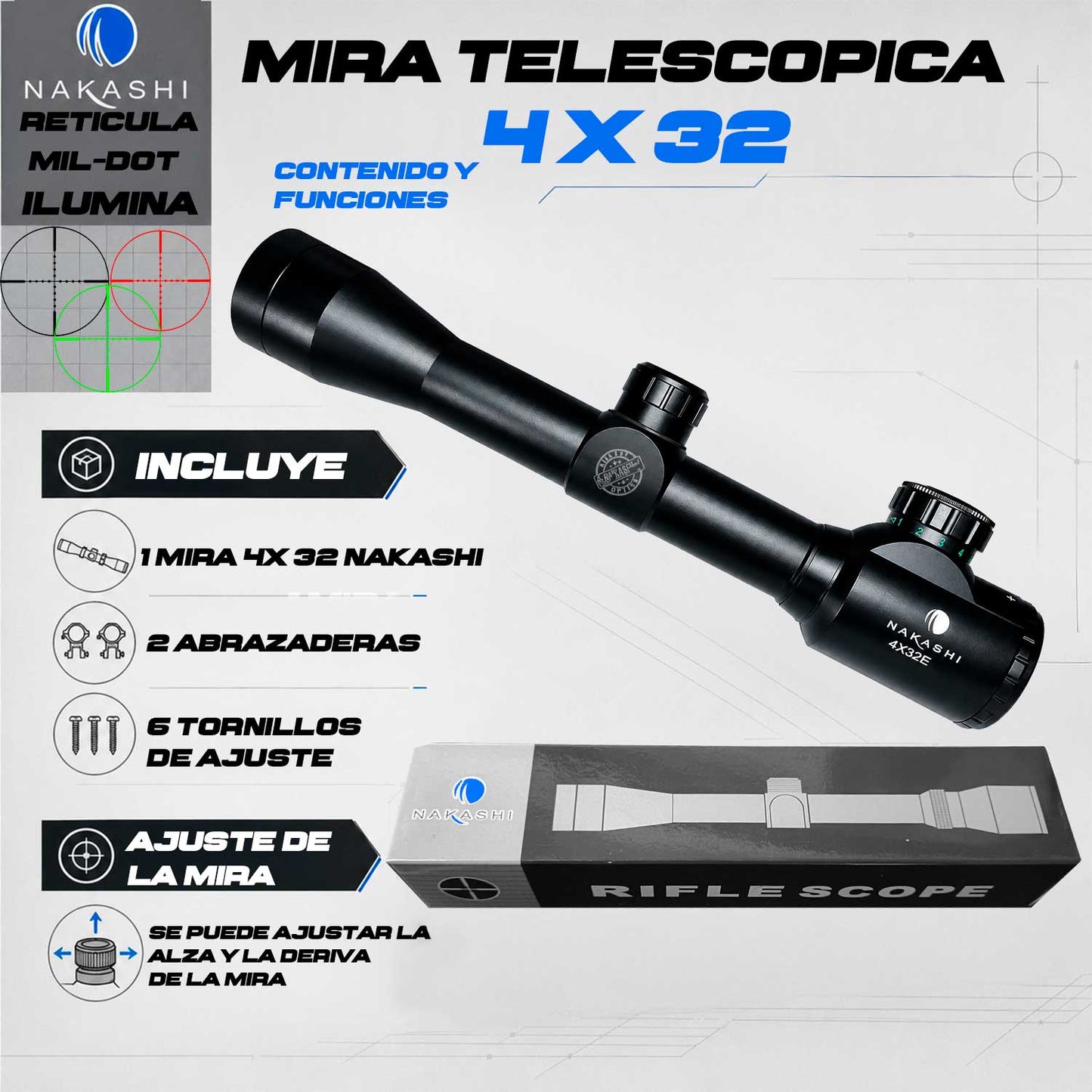 Mira Telescópica 4x32eg Retícula Iluminada Verde Rojo Nakashi Mildot Nakashi