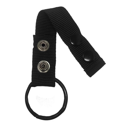 Porta tonfa individual con broches metálicos abiertos y anillo de sujeción. Ideal para cinturones tácticos de seguridad.