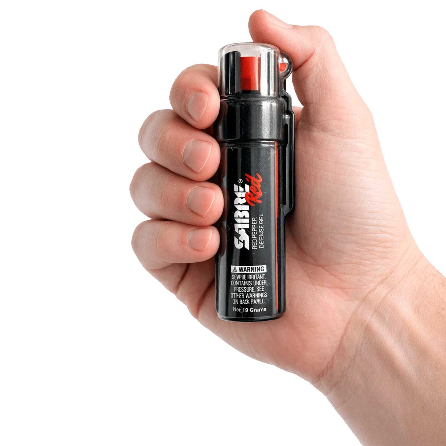 Gas pimienta Gel Sabre 19g sostenido en mano, muestra su tamaño compacto y diseño ergonómico para uso rápido y efectivo.