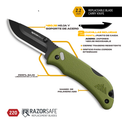 Especificaciones técnicas de la Navaja Tactica Mini Razor 2.2 con mango verde. Incluye hoja de acero japonés y sistema de cambio rápido.