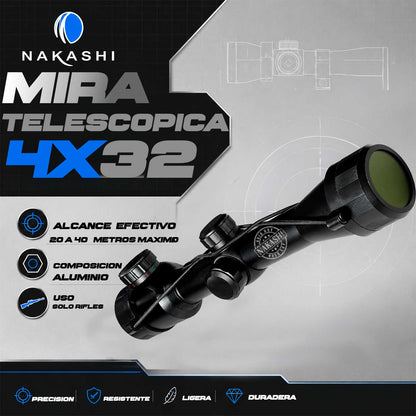 Mira Telescópica 4x32eg Retícula Iluminada Verde Rojo Nakashi Mildot Nakashi