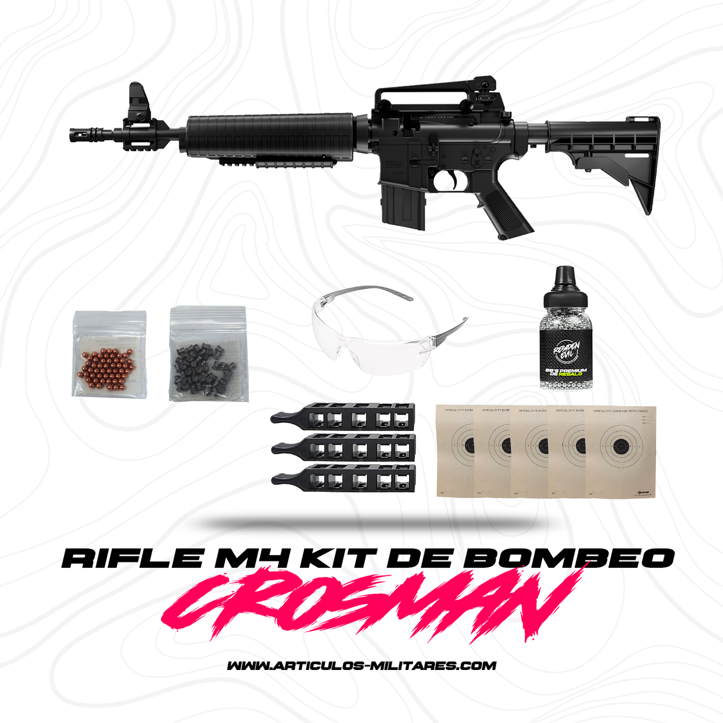 Rifle De Bombeo M4 KIT + 1500 BBS + Gafas Deportivas + Dianas De Tiro