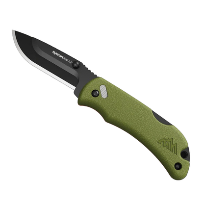 Cuchillo plegable Mini Razor 2.2 con mango verde y hoja de acero japonés. Ideal para actividades al aire libre y herramientas EDC.