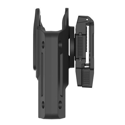 Vista lateral del perfil delgado de la funda Omitac para Glock, con clip ajustable para cinturón y rotación de 360 grados.