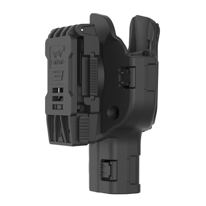 Funda táctica Omitac para Glock 17, 22, 31 con clip de cinturón giratorio y sistema de retención nivel 2, ideal para profesionales armados.
