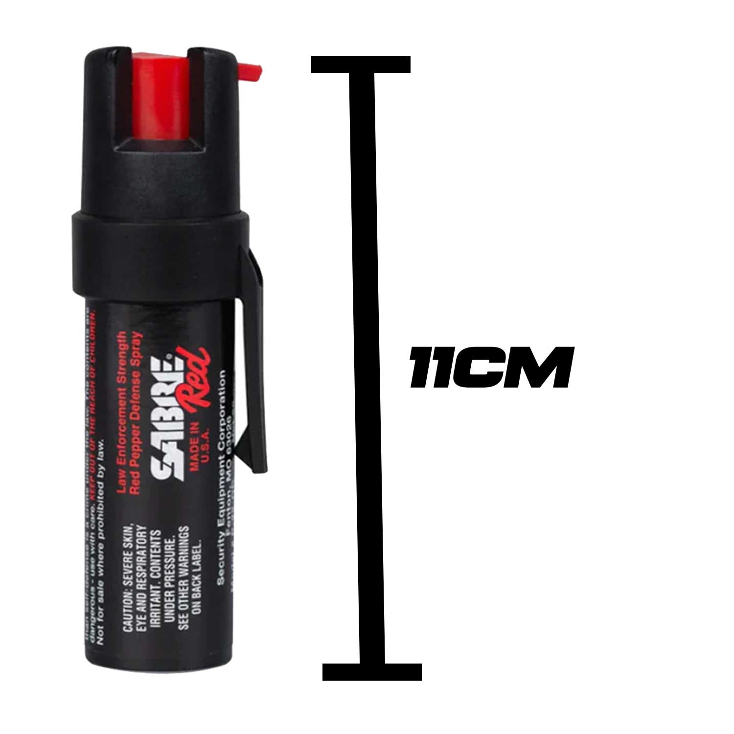 Gas pimienta Gel Sabre 19g con clip y altura de 11 cm, ideal para llevar en el cinturón o bolso como herramienta de defensa personal.