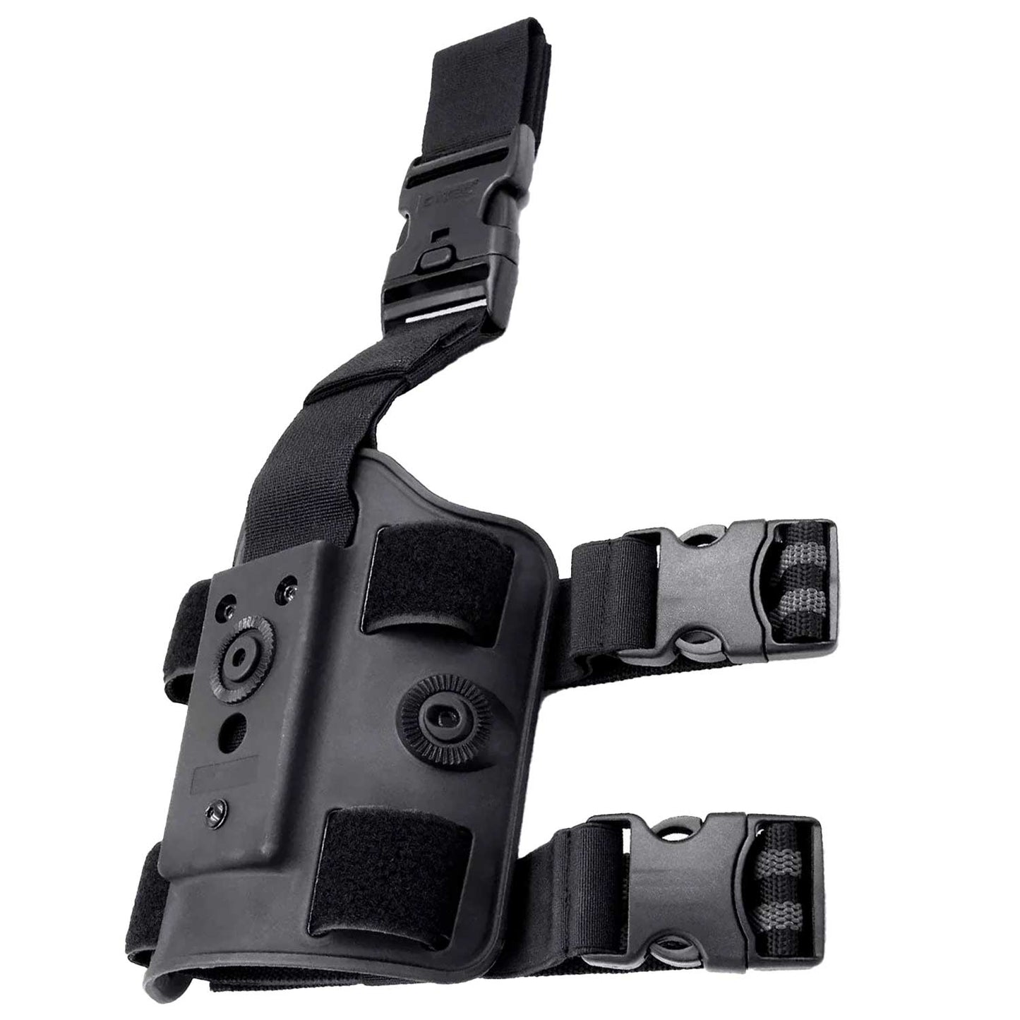 Vista lateral donde se aprecian Piernera Táctica CYTAC de 3 Puntos con Funda Universal Nivel 2las dos cintas ajustables que abrazan la pierna, brindando firmeza y estabilidad en cada movimiento.