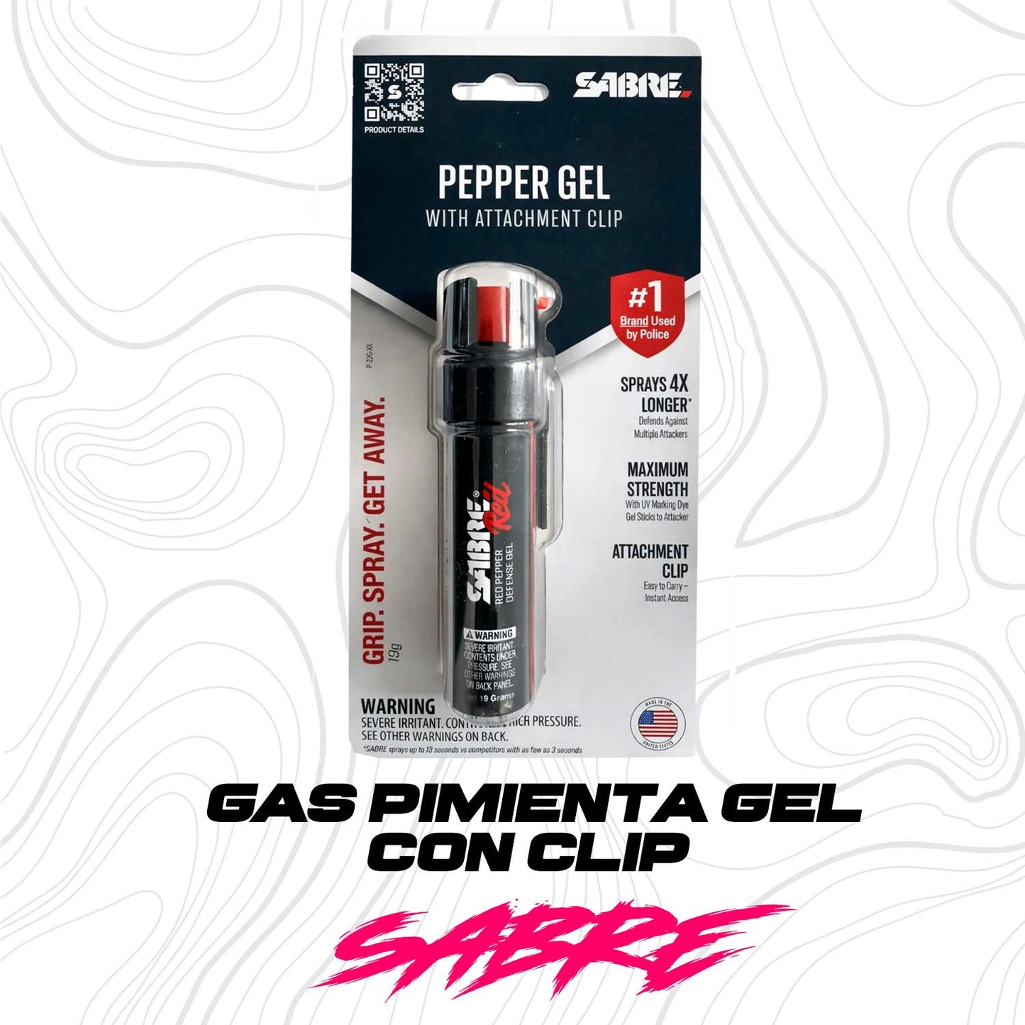 Gas pimienta Gel Sabre 19g con clip para colgar en empaque original, ideal para defensa personal y fácil de transportar en el día a día.