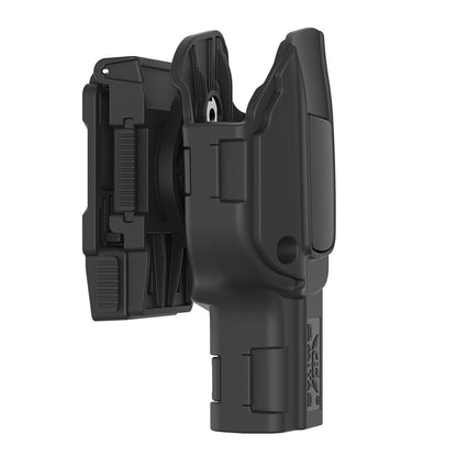 Diseño ergonómico de funda Omitac para Glock con clip giratorio y ajuste seguro, fabricada en polímero de alta resistencia.