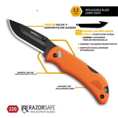 Navaja Tactica Mini Razor 2.2 con hoja reemplazable, mango de polímero y cuchillas de acero japonés. Incluye detalles técnicos del producto.