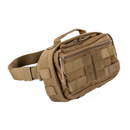 Vista en ángulo de la mochila táctica 5.11 MOAB 3 con cinturón ajustable. Mochila pechera ideal para actividades tácticas y urbanas.