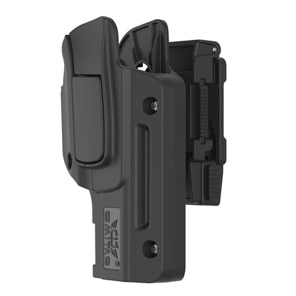 Funda Omitac para pistola Glock con sistema de seguridad nivel 2 y clip de cinturón rotatorio, ideal para uso táctico y deportivo.