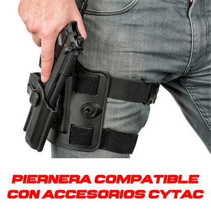 Piernera Táctica CYTAC de 3 Puntos con Funda Universal  es compatible con otros accesorios CYTAC, como diferentes modelos de fundas y porta accesorios de la misma marca, permitiendo adaptar el equipo según las necesidades del usuario