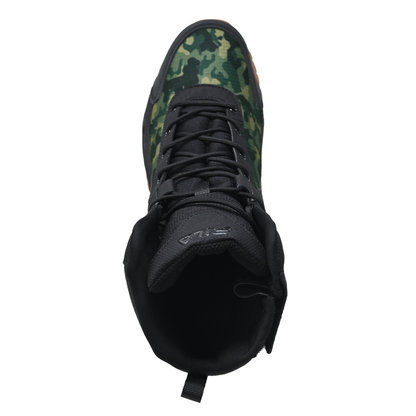 Vista superior de las Botas Tácticas Fila Chastizer Negra Camu Cierre Original mostrando el diseño camuflado y acolchado interior para mayor comodidad.