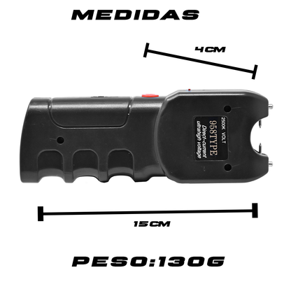Taser compacto 958 con medidas de 15 cm x 4 cm y peso de 130 g, ideal para defensa personal con linterna integrada y diseño portátil.