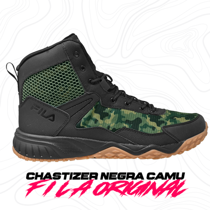 Botas Tácticas Fila Chastizer Negra Camu Cierre Original con diseño camuflado verde y suela antiderrapante. Calzado ideal para senderismo y uso táctico.
