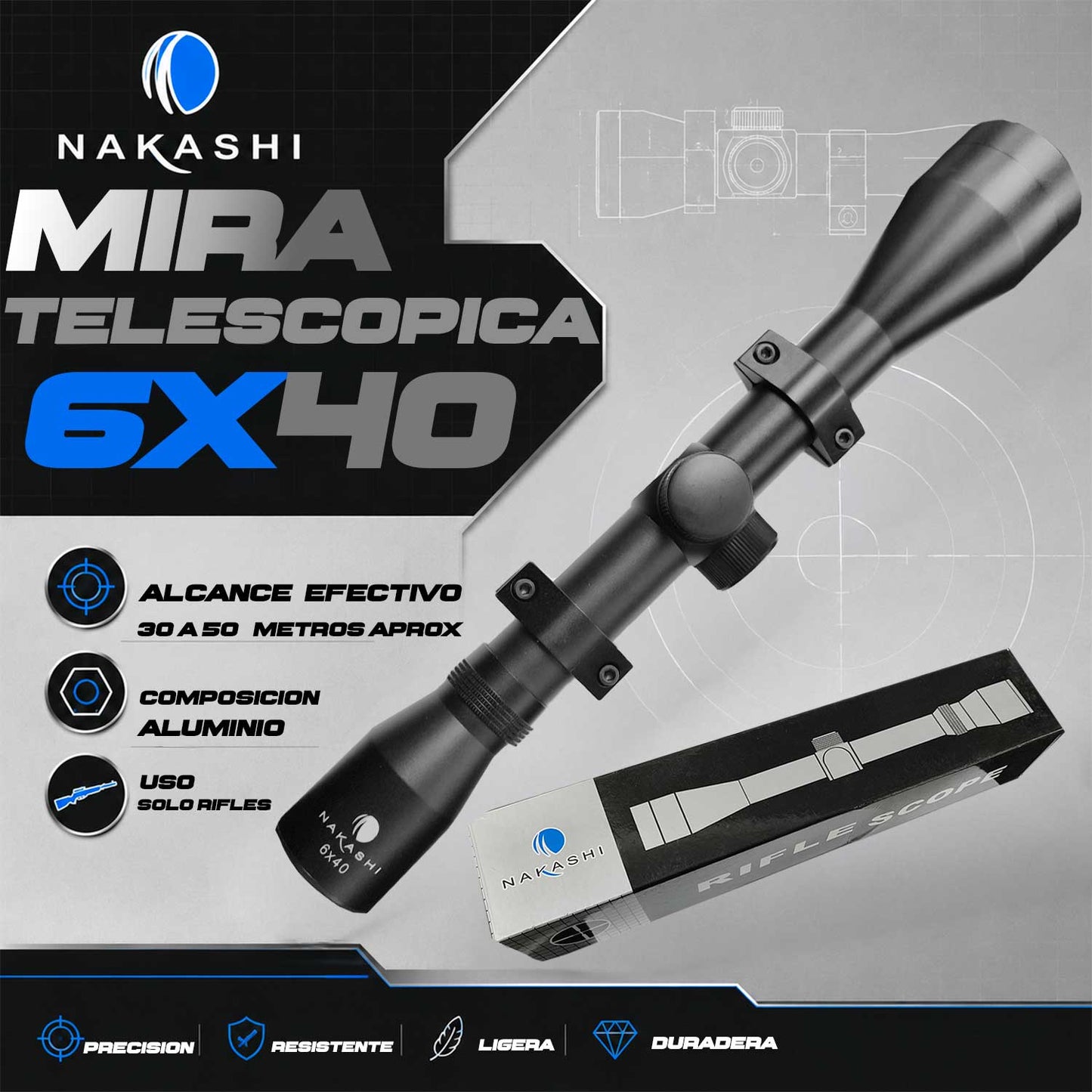 Mira Telescopica Nakashi 6x40 De Aluminio Ligera Residen Evil Militaría