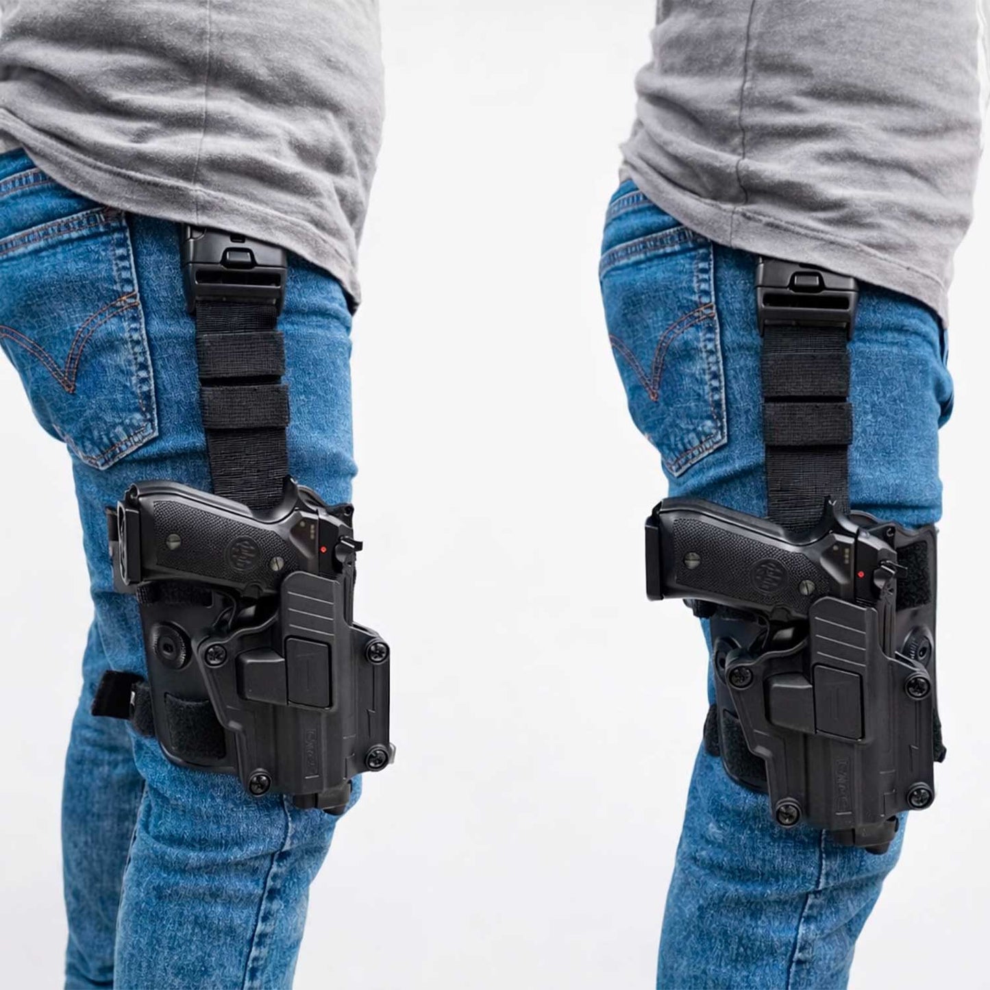 Configuración equipada con accesorios adicionales. El modelo muestra cómo se utiliza la funda Piernera Táctica CYTAC de 3 Puntos con Funda Universal Nivel 2y cómo se vería el arma dentro del sistema modular.