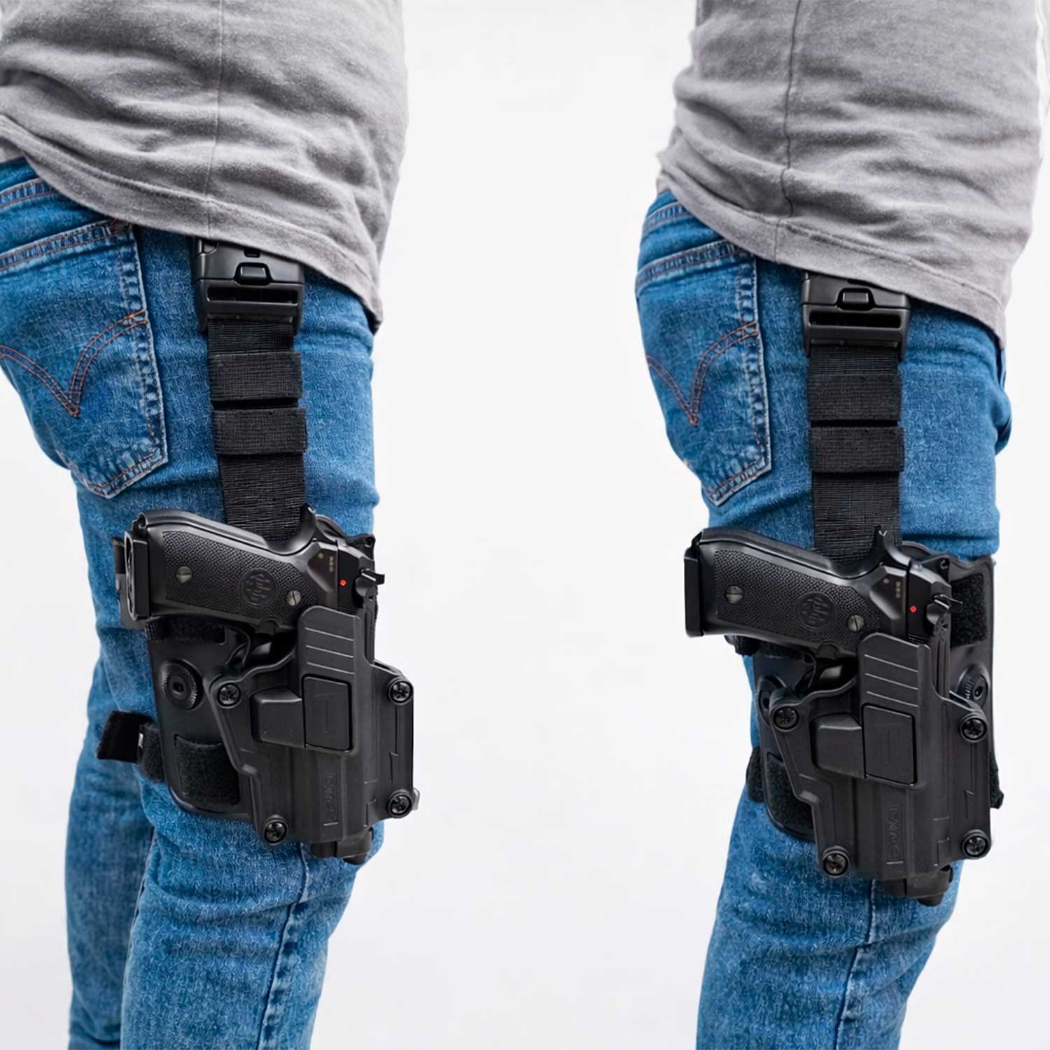 Configuración equipada con accesorios adicionales. El modelo muestra cómo se utiliza la funda Piernera Táctica CYTAC de 3 Puntos con Funda Universal Nivel 2y cómo se vería el arma dentro del sistema modular.