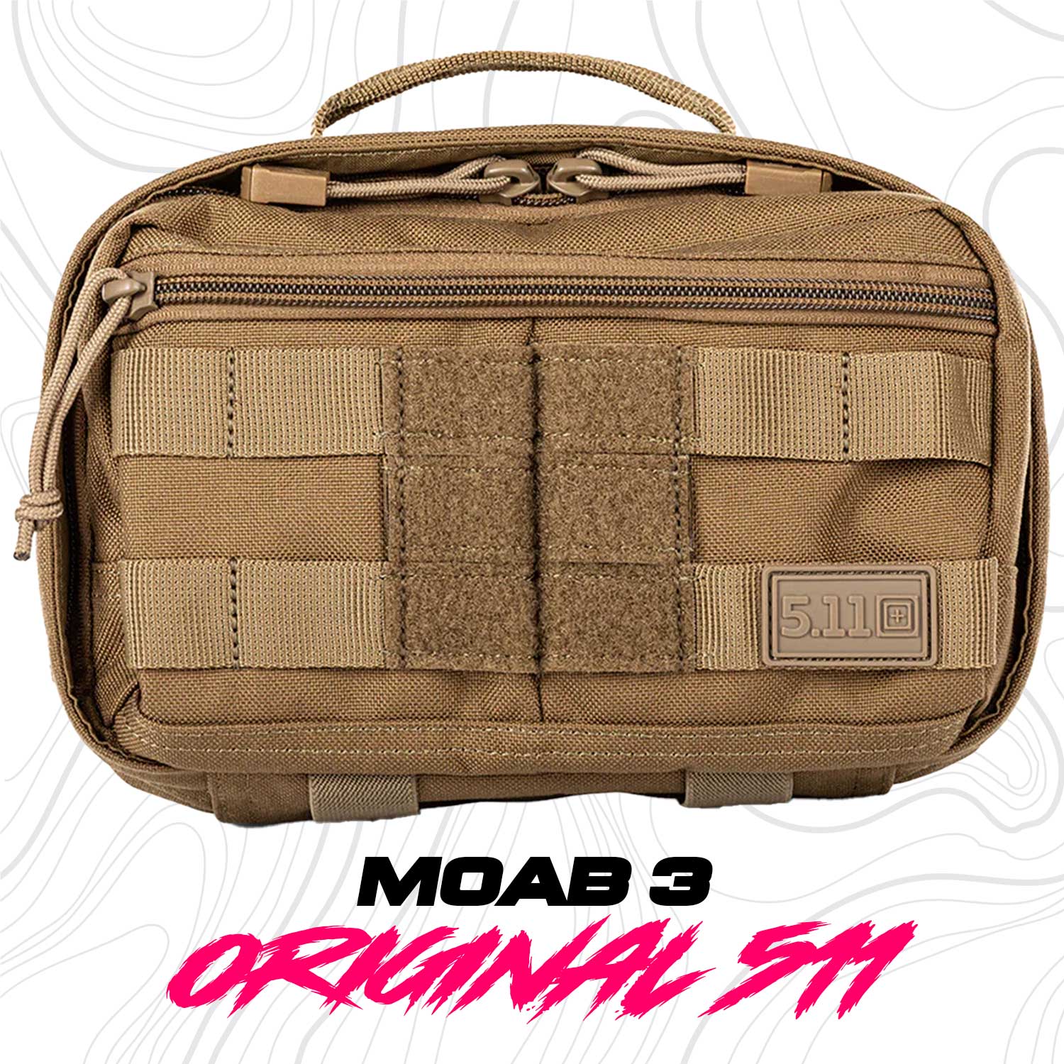 Mochila Táctica 5.11 MOAB 3 adaptable en color coyote, ideal para uso diario con sistema MOLLE. Diseño compacto y resistente para campismo.