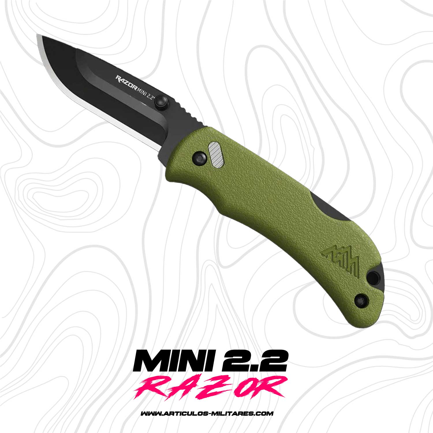 Navaja Tactica Mini Razor 2.2 con mango verde y hoja negra. Cuchillo compacto para camping, caza y uso diario con diseño táctico.