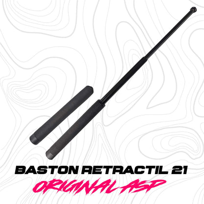 Se muestra bastón retráctil ASP de 21 pulgadas enfocado en su construcción de metal de alta resistencia, ideal para uso táctico.