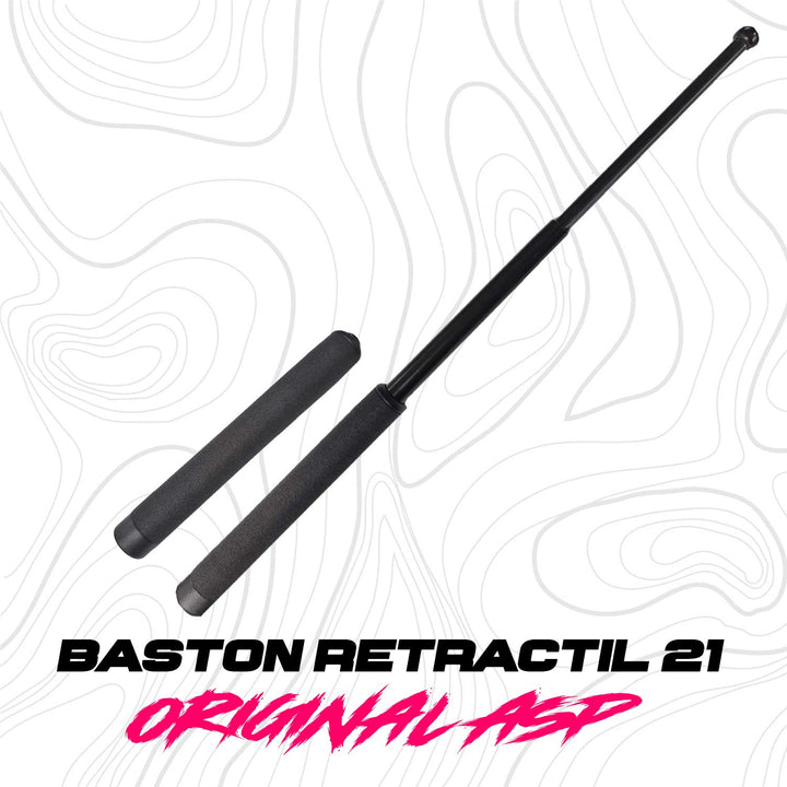 Se muestra bastón retráctil ASP de 21 pulgadas enfocado en su construcción de metal de alta resistencia, ideal para uso táctico.