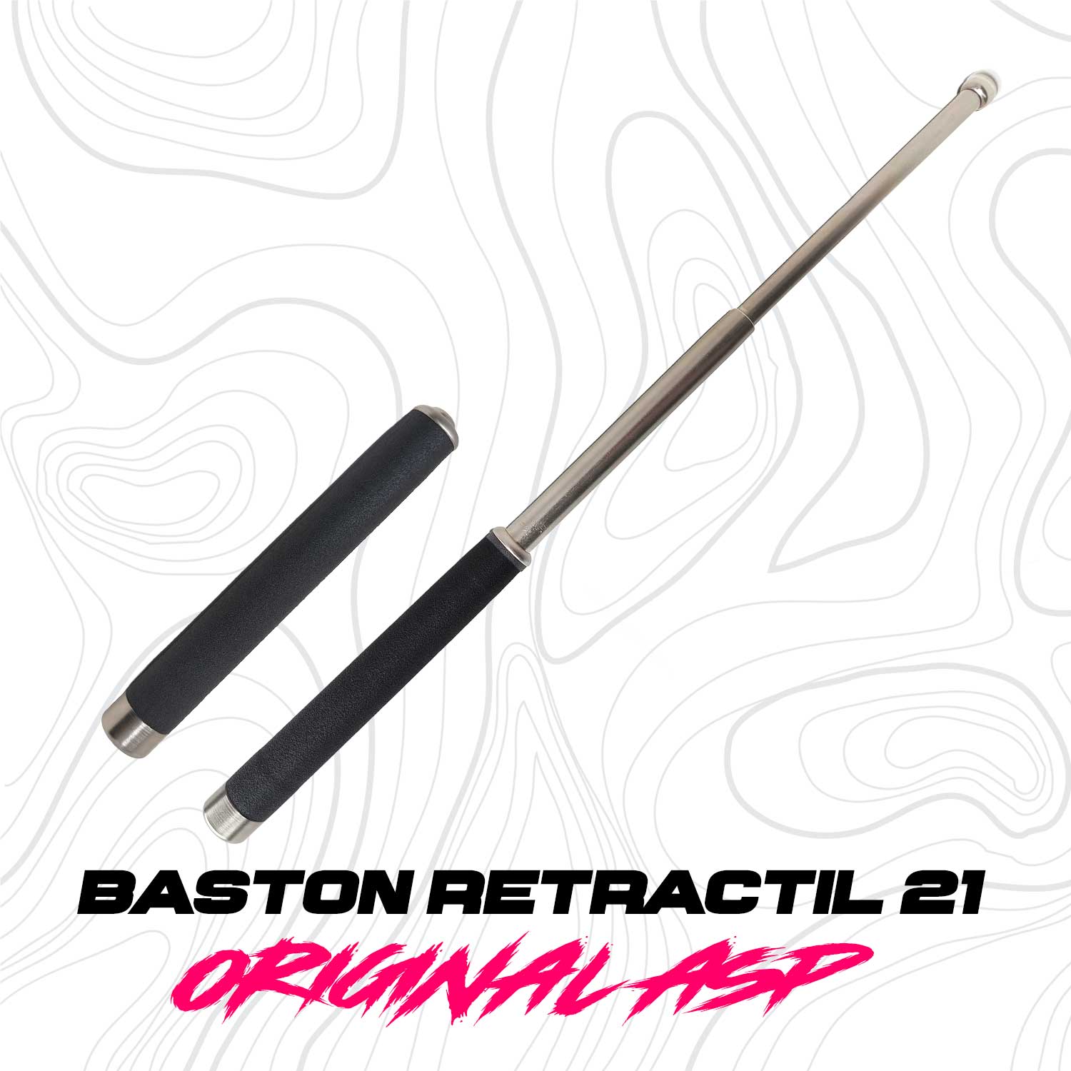 Se muestra bastón retráctil ASP de 21 pulgadas enfocado en su construcción de metal de alta resistencia, ideal para uso táctico.
