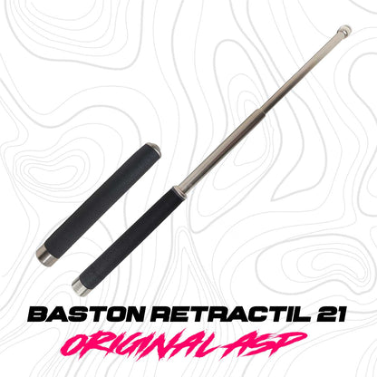 Se muestra bastón retráctil ASP de 21 pulgadas enfocado en su construcción de metal de alta resistencia, ideal para uso táctico.