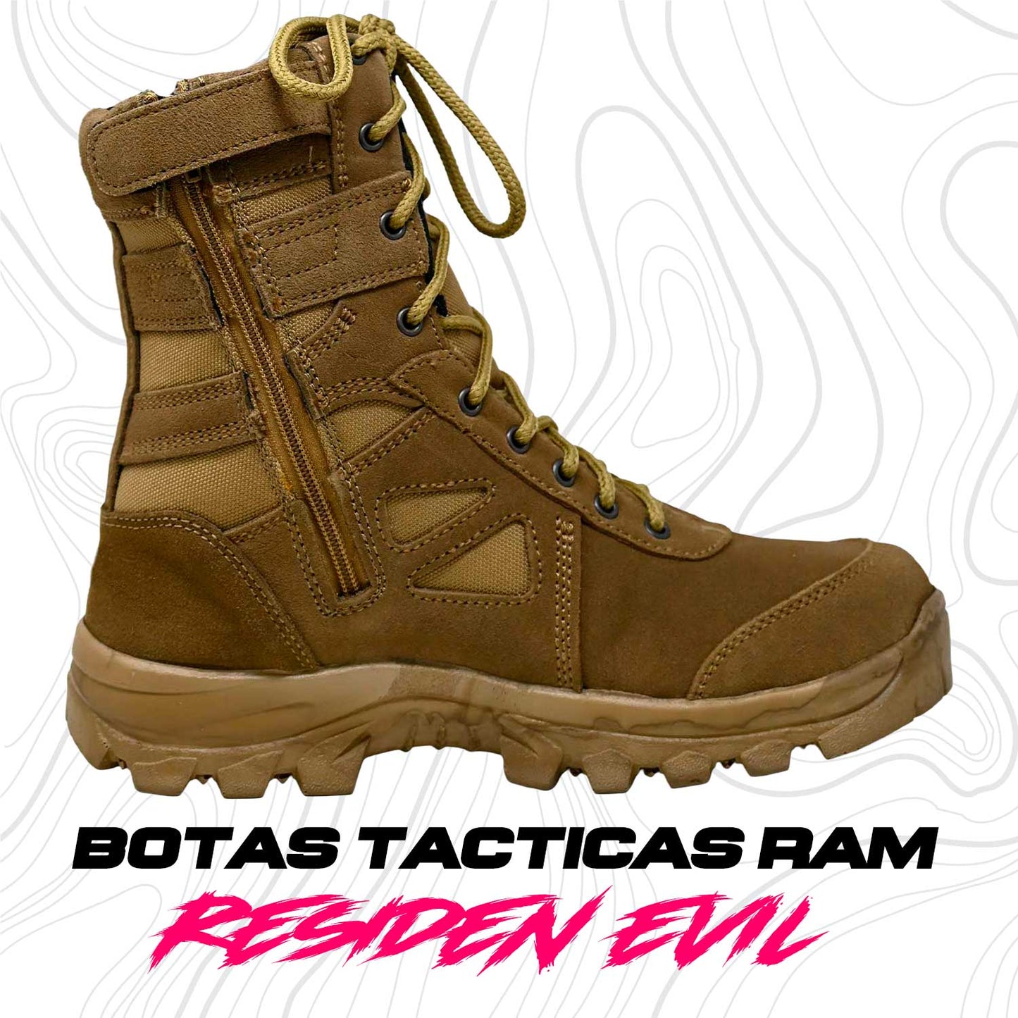 BOTAS TACTICAS RAM se muestra imagen de bota táctica color COYOTE en vista lateral, destacando el perfil completo del calzado, su diseño de caña media y su estilo deportivo táctico.