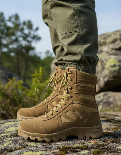 BOTAS TACTICAS RAM se muestra foto de contexto en el desierto con un modelo, destacando el uso de la bota en exteriores, su estilo táctico, su resistencia para actividades al aire libre y su diseño ideal para trabajo, exploración o aventura.