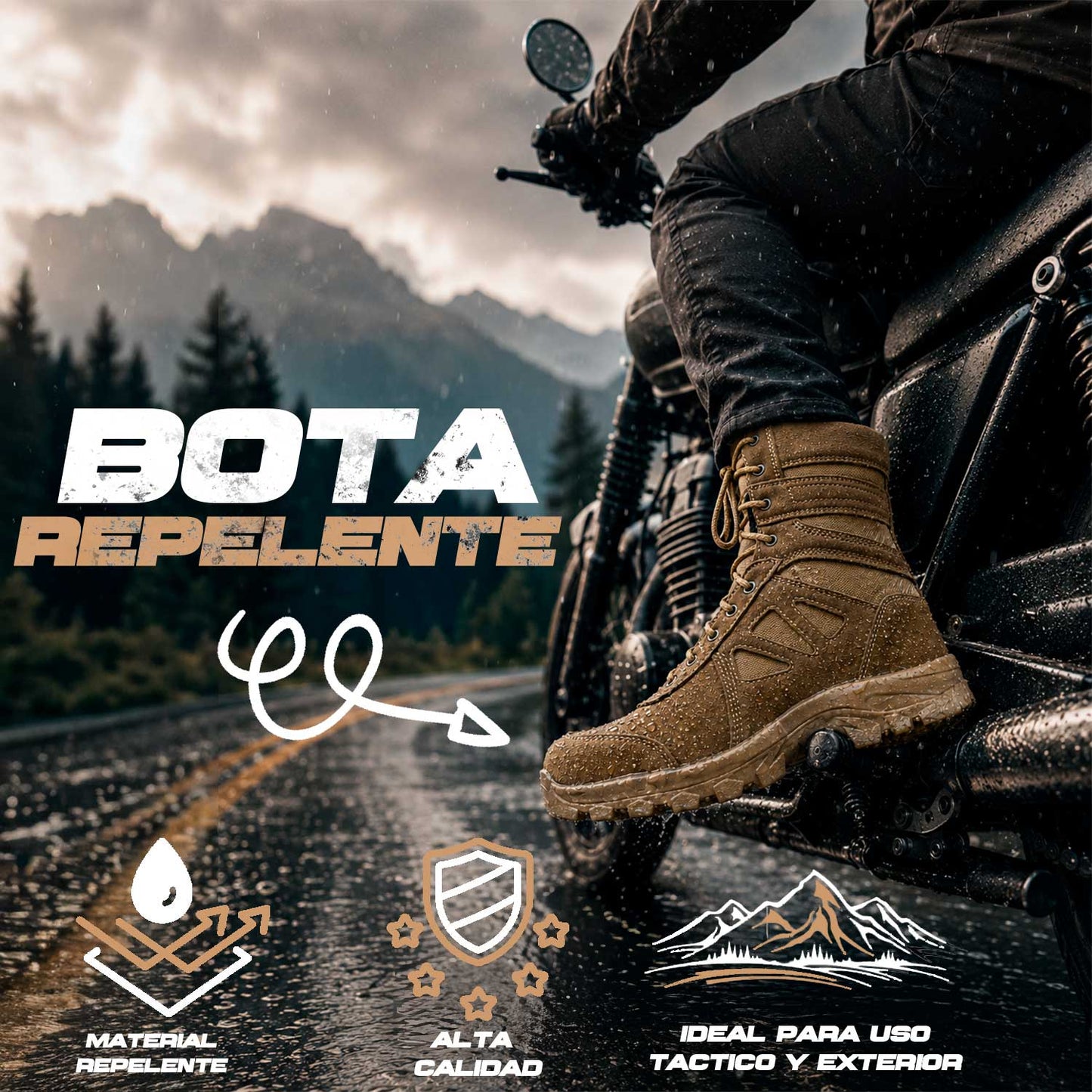 BOTAS TACTICAS RAM se muestra imagen de bota táctica en motocicleta, ideal para resaltar su uso en moto, su comodidad y su diseño resistente para actividades diarias y recorridos urbanos.