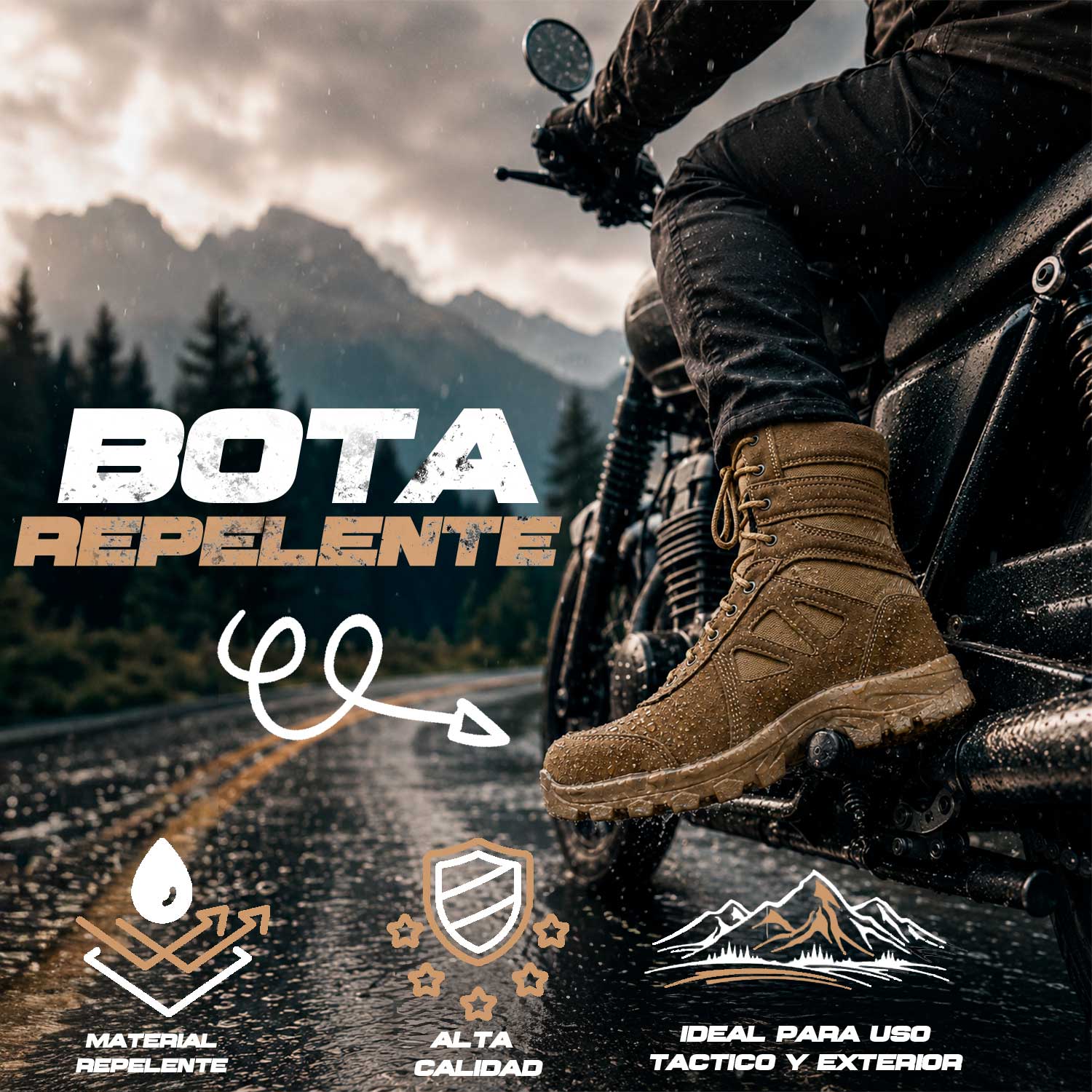 BOTAS TACTICAS RAM se muestra imagen de bota táctica en motocicleta, ideal para resaltar su uso en moto, su comodidad y su diseño resistente para actividades diarias y recorridos urbanos.